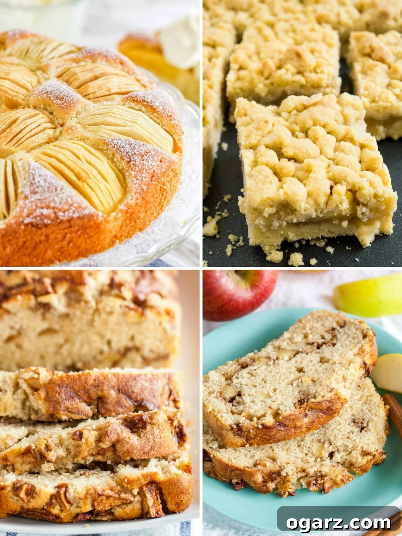 Irresistible Apple Cake Creations 2 A collage of four mouth-watering apple desserts: German apple cake, apple sheet cake with streusel topping, a whole loaf of apple cinnamon bread, and slices of apple cinnamon bread on a blue plate.