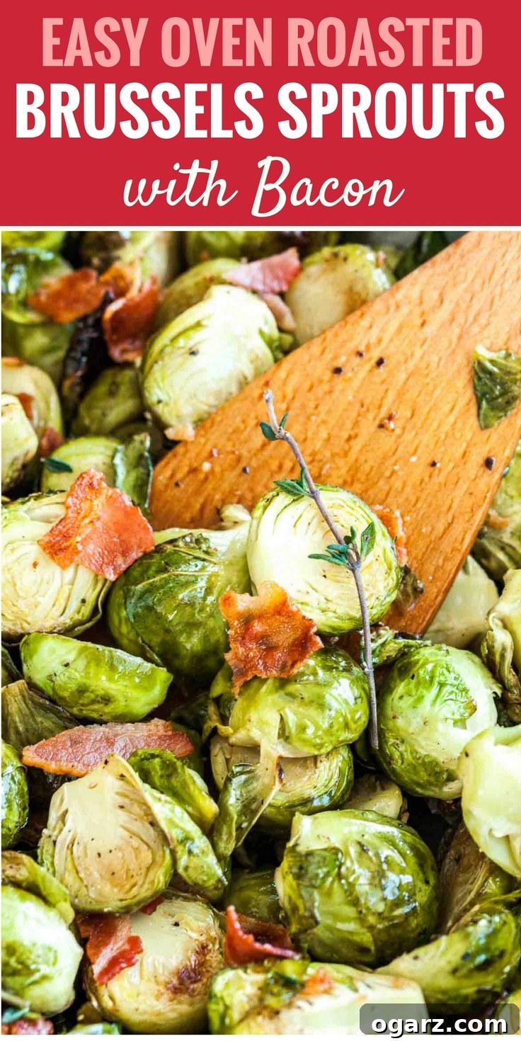 Crispy Brussels Sprouts with Smoked Pork Belly 7 An image with text: Easy oven roasted brussels sprouts with bacon, image: Roasted brussels sprouts with bacon and a sprig of thyme with a wooden cooking spatula in it.