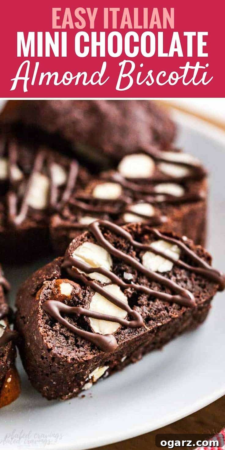 Several pieces of chocolate almond biscotti on a white plate.