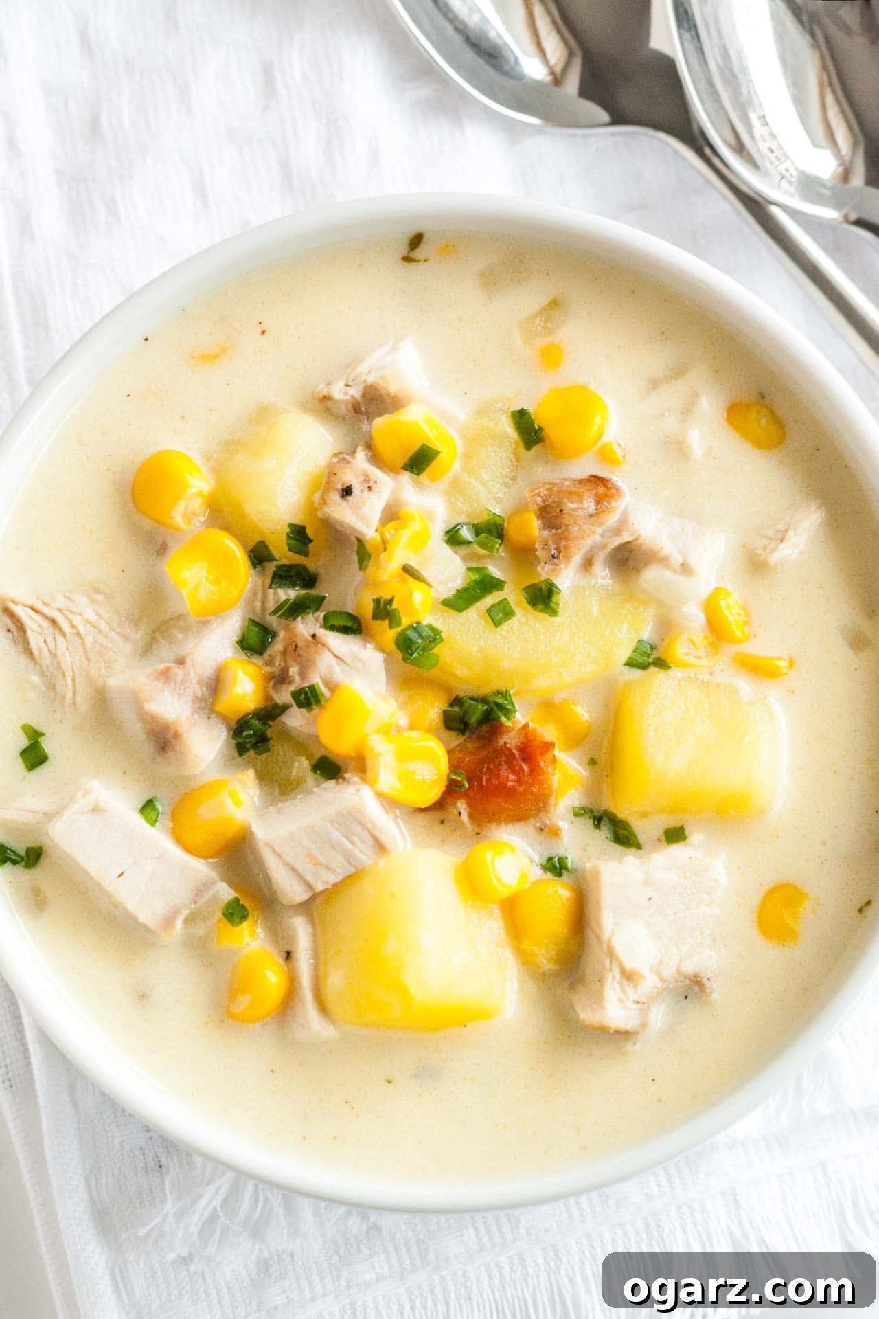 Top-down shot of a white bowl of creamy leftover turkey soup garnished with chives on a white dishtowel with two spoons next to it.
