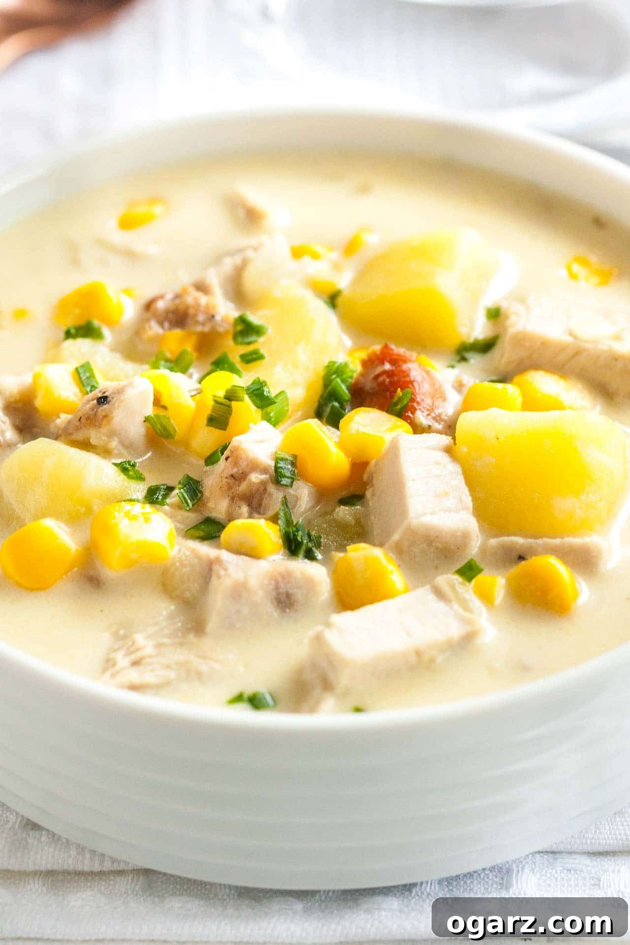 Close-up of a white bowl of creamy leftover turkey soup, garnished with chives.