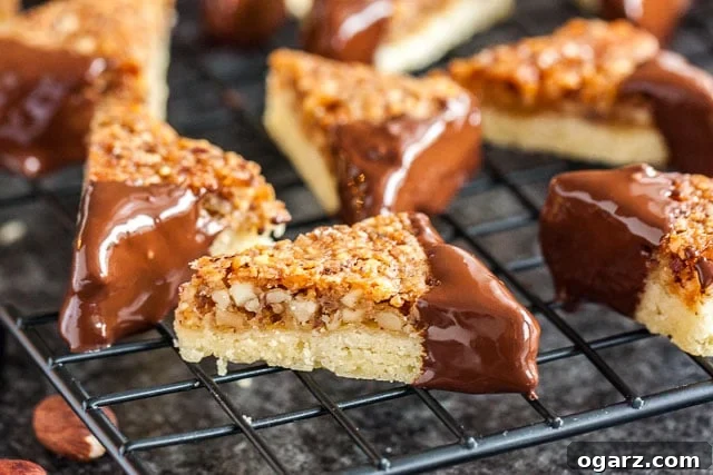 A stunning close-up of a single nut corner with a chocolate-dipped tip, perfectly placed on a black cooling rack, highlighting its irresistible texture and finish.