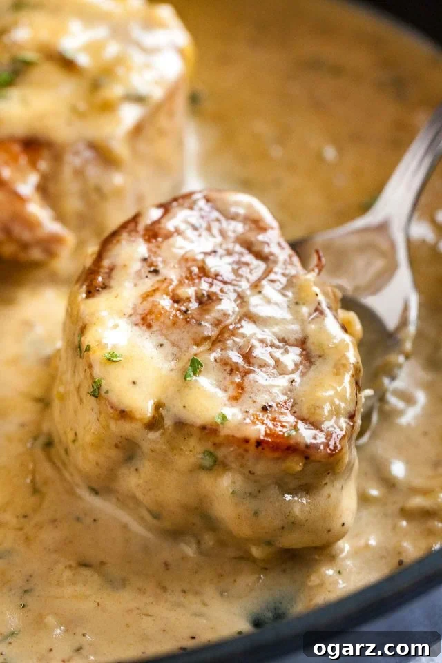 Pork Medallions with Blue Cheese Indulgence 3 Close-up of a perfectly seared pork medallion with a generous swirl of blue cheese sauce on a spoon, ready to be enjoyed.