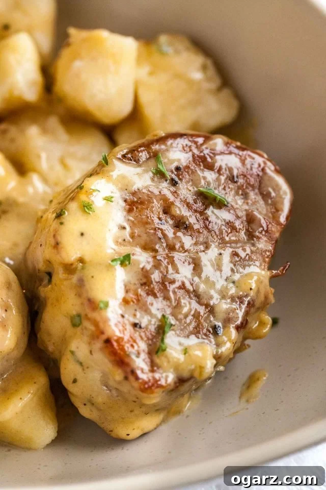 Pork Medallions with Blue Cheese Indulgence 4 Close-up of a pan-seared pork medallion, covered in rich blue cheese sauce, presented beautifully on a grey plate alongside some roasted potatoes.