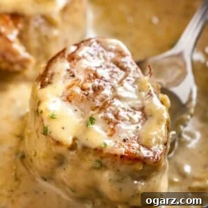 Close-up of a seared pork medallion with blue cheese sauce on a spoon, illustrating the finished dish.