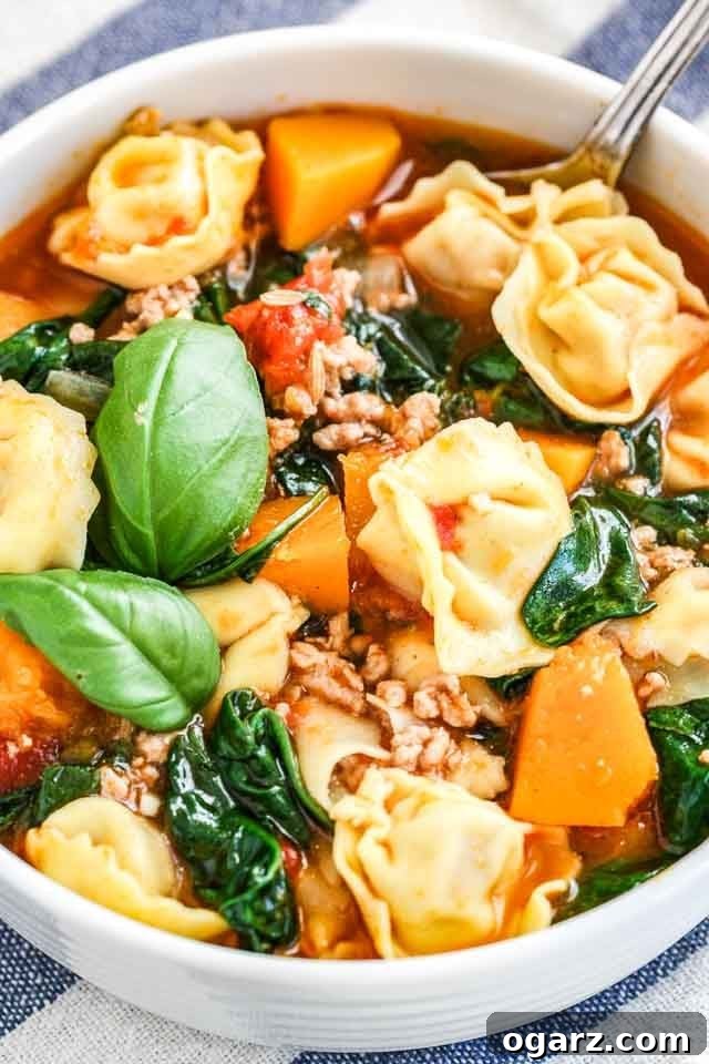 Close-up of a white bowl of spinach tortellini soup garnished with basil leaves.