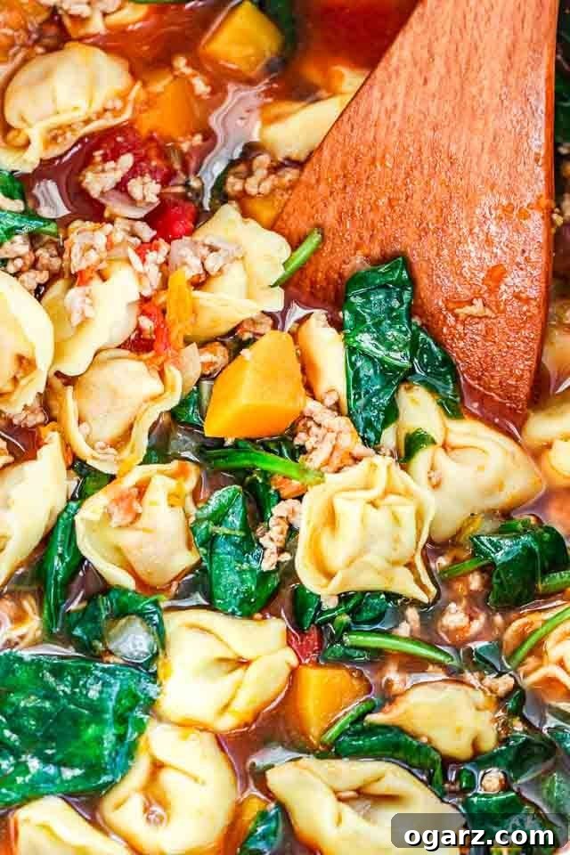 Close-up of a white bowl of spinach tortellini soup garnished with basil leaves with a wooden cooking spatula in it.