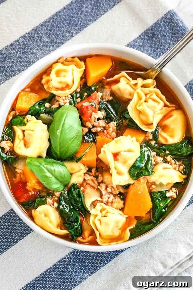 Top-down shot of a white bowl of spinach tortellini soup garnished with basil leaves on a white and blue dishtowel.