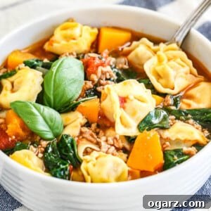 Comforting Spinach Tortellini Soup 6 A white bowl of spinach tortellini soup with a spoon in it and garnished with basil leaves next to a white and blue dishtowel.
