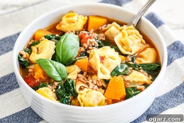 A white bowl of spinach tortellini soup with a spoon in it and garnished with basil leaves next to a white and blue dishtowel.