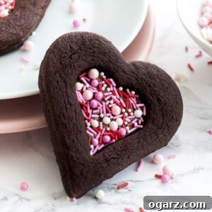 A heart-shaped chocolate cookie with a heart-shaped indentation filled with pink sprinkles leaning against a stack of plates garnished with sprinkles. There's another cookie on the stack of plates and a small white bowl of pink sprinkles.