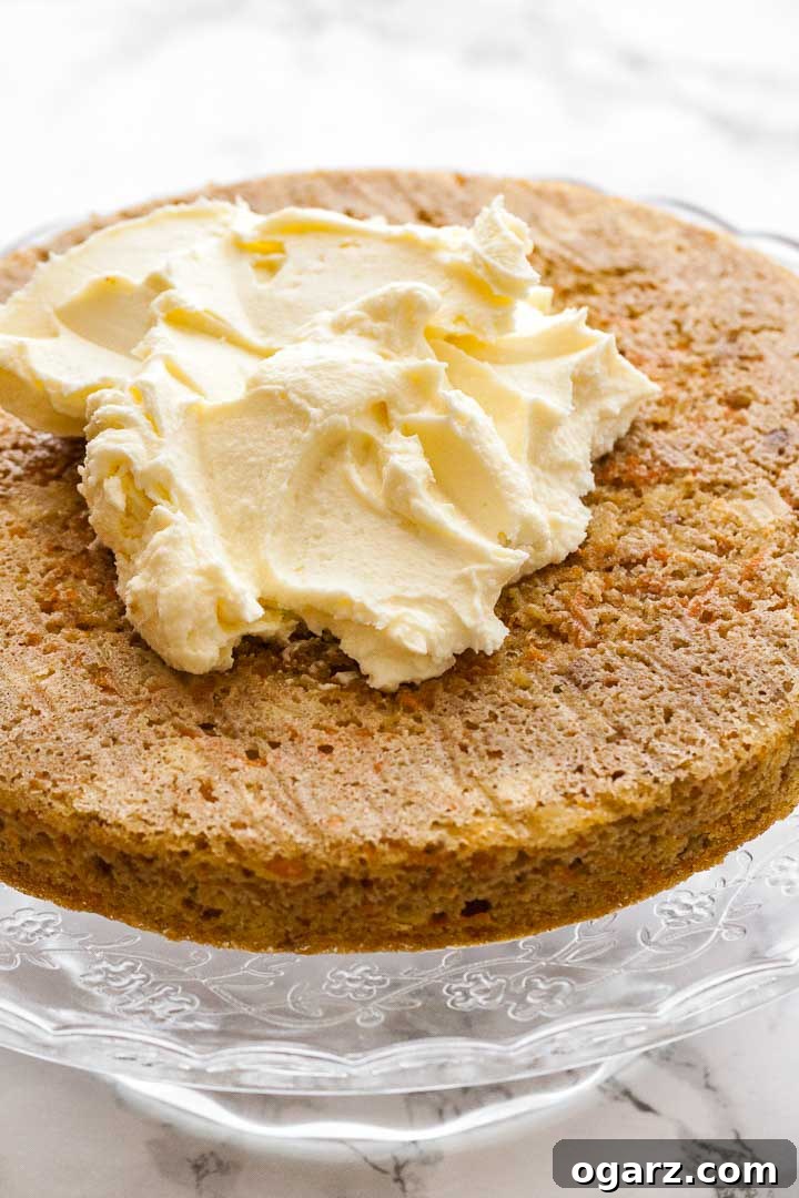A glimpse of a perfect carrot pineapple cake layer, ready for its creamy frosting. #cakebase #bakinglove #layercake The bottom layer of a carrot pineapple cake on a glass serving platter with a dollop of cream cheese frosting.