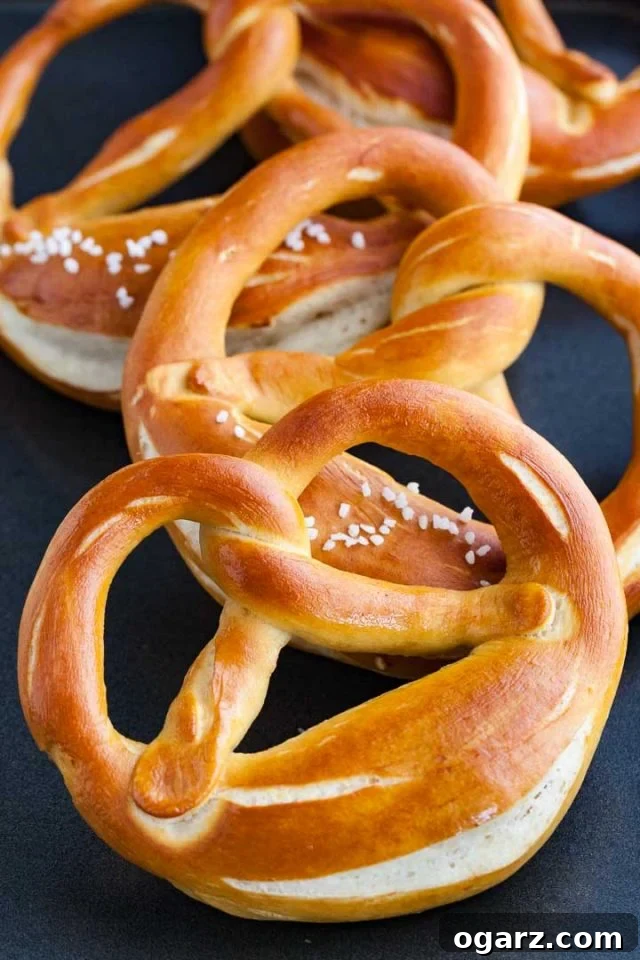 Hearty Bavarian Knots 8 Three perfectly baked Bavarian pretzels with coarse salt and a classic slash on a dark blue surface.