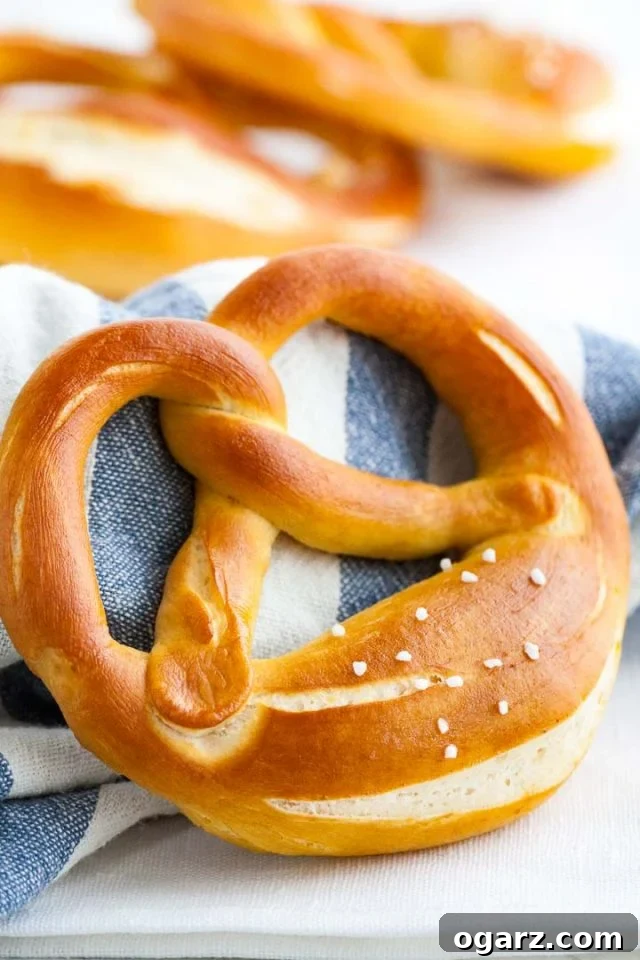 Hearty Bavarian Knots 9 Close-up of a beautifully baked Bavarian pretzel resting against a folded blue and white towel, with more pretzels out of focus in the background.