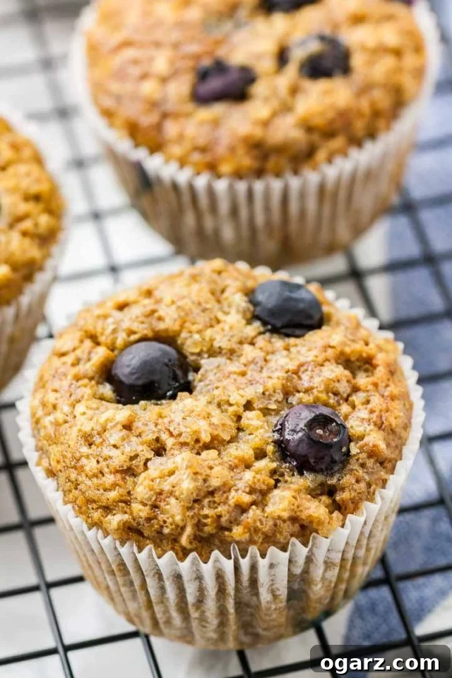 Golden Banana Blueberry Muffins 5 Three perfectly baked banana blueberry muffins resting on a black cooling rack, elegantly positioned over a white and blue dishtowel. The muffins are golden with visible blueberries and slightly domed tops.