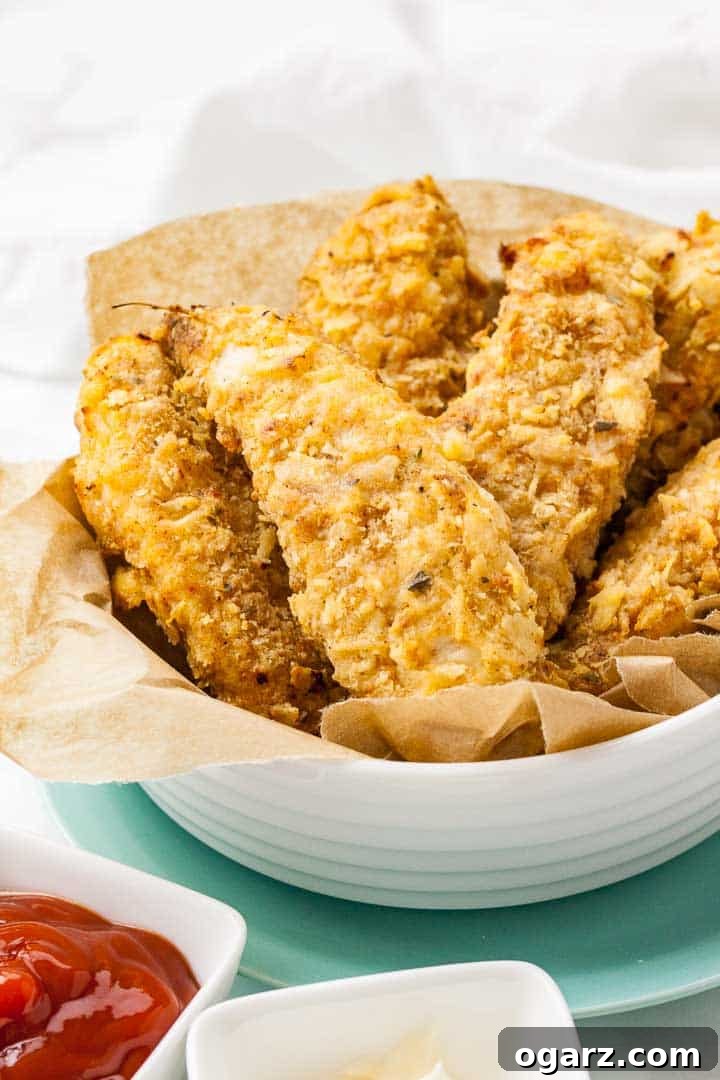 Air Fryer Chicken Tenders are crispy on the outside and juicy on the inside! These homemade breaded chicken strips are marinated in buttermilk to make them extra tender and have a crispy flavorful panko breadcrumb crust seasoned with a KFC-copycat spice mix. A healthier alternative to deep-fried chicken fingers that is perfect for fast food cravings and game day parties! A white bowl lined with parchment paper, containing fried chicken tenders stacked on a teal plate.