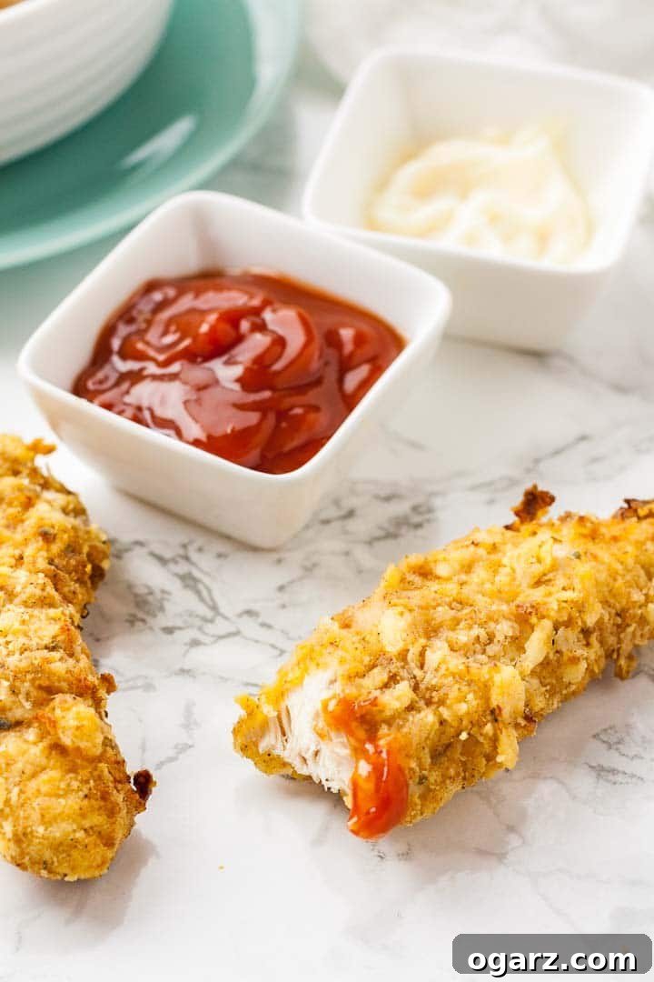 Air Fryer Chicken Tenders are crispy on the outside and juicy on the inside! These homemade breaded chicken strips are marinated in buttermilk to make them extra tender and have a crispy flavorful panko breadcrumb crust seasoned with a KFC-copycat spice mix. A healthier alternative to deep-fried chicken fingers that is perfect for fast food cravings and game day parties! A chicken Tender, with a bite taken out, with some ketchup on a marble surface, next to a whole tender, with small white square bowls of ketchup and mayonnaise.