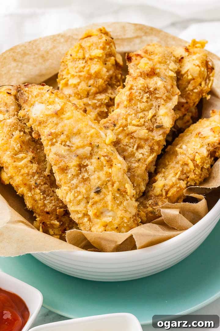 Air Fryer Chicken Tenders are crispy on the outside and juicy on the inside! These homemade breaded chicken strips are marinated in buttermilk to make them extra tender and have a crispy flavorful panko breadcrumb crust seasoned with a KFC-copycat spice mix. A healthier alternative to deep-fried chicken fingers that is perfect for fast food cravings and game day parties! Close-up of a white bowl lined with parchment paper, containing fried chicken tenders stacked on a teal plate.