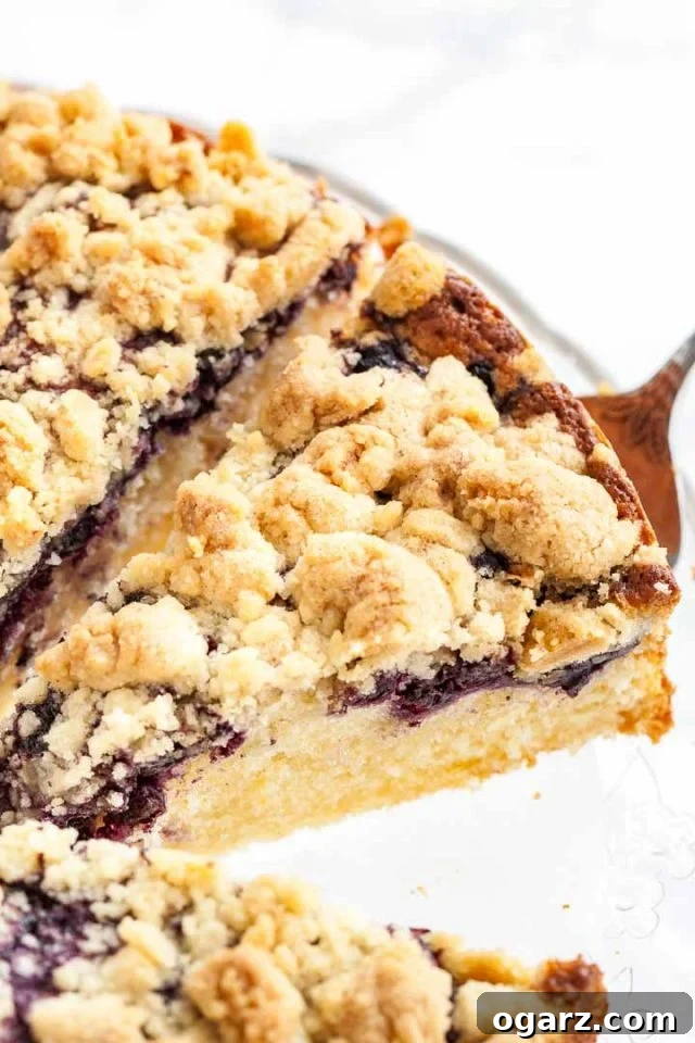 A whole blueberry breakfast cake with a golden streusel topping on a elegant glass serving platter. A cake server is gently lifting a perfect slice from the cake, revealing its moist interior and generous blueberry distribution.