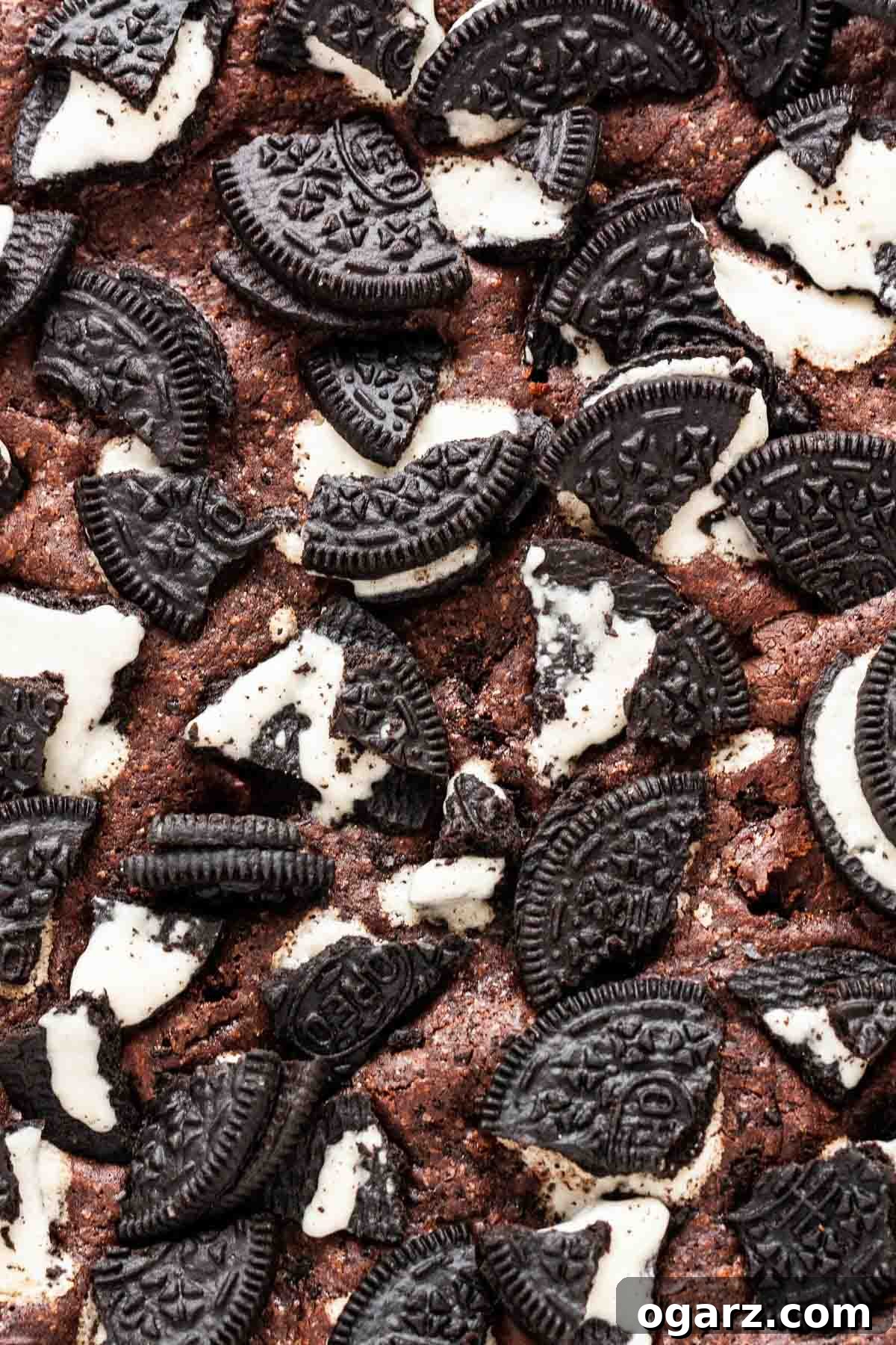 Decadent Oreo Fudge Brownies 5 Baked brownies topped with Oreo pieces.