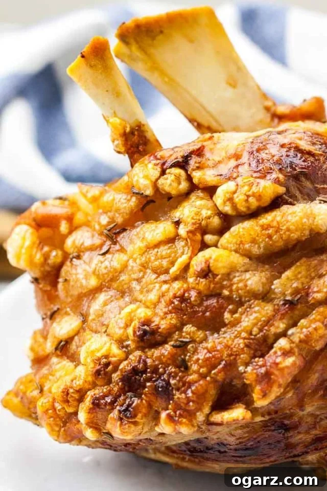 Crispy Pork Hock Crackling A close-up shot of a roasted pork hock, showcasing its perfectly crispy, golden-brown skin, highlighting the delicious crackling.
