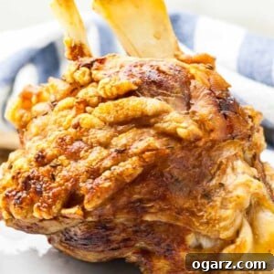 A roasted pork hock with crispy skin and a white and blue dish towel in the background.
