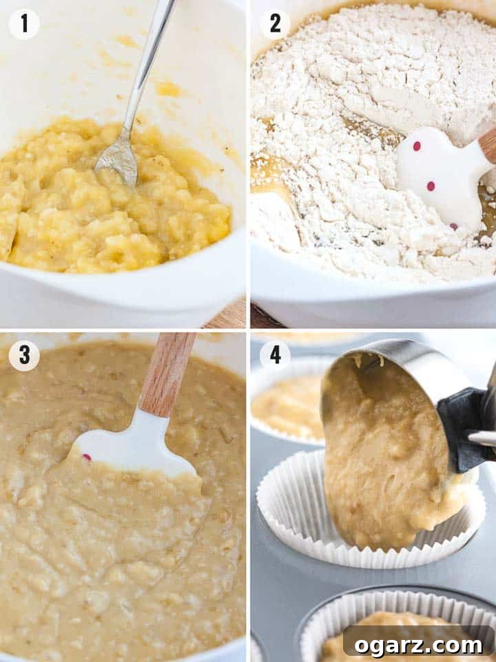 Foolproof Banana Muffins 4 A four-panel collage demonstrating the step-by-step process of making banana muffins, from mashing bananas to mixing batter.