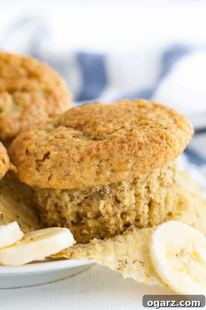 Foolproof Banana Muffins 5 A beautifully baked banana muffin, unwrapped and garnished with fresh banana slices, sits on a white plate. More muffins and a blue and white dish towel are in the background.