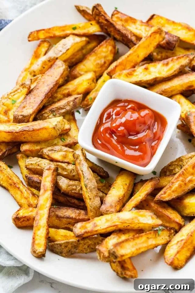 Crispy Air Fryer French Fries with ketchup Crispy, golden-brown Air Fryer French Fries arranged artfully on a white plate, accompanied by a small, square, white bowl of vibrant red ketchup.