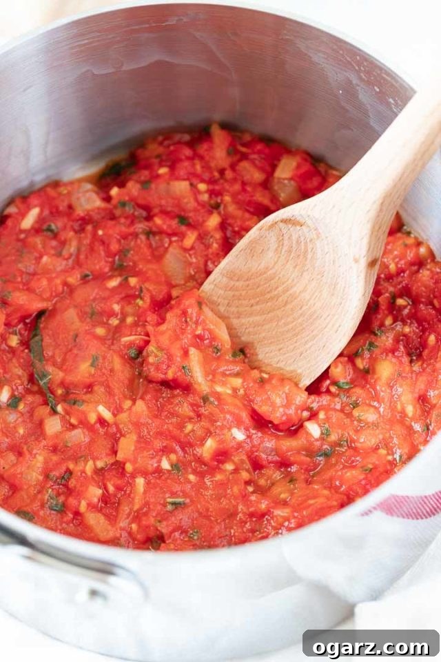 Cooking Fresh Tomato Sauce in a Pot A stainless steel pot filled with bubbling homemade fresh tomato sauce. A wooden cooking spoon rests inside the pot, and the pot sits on a clean white dish towel, suggesting a recent culinary creation.