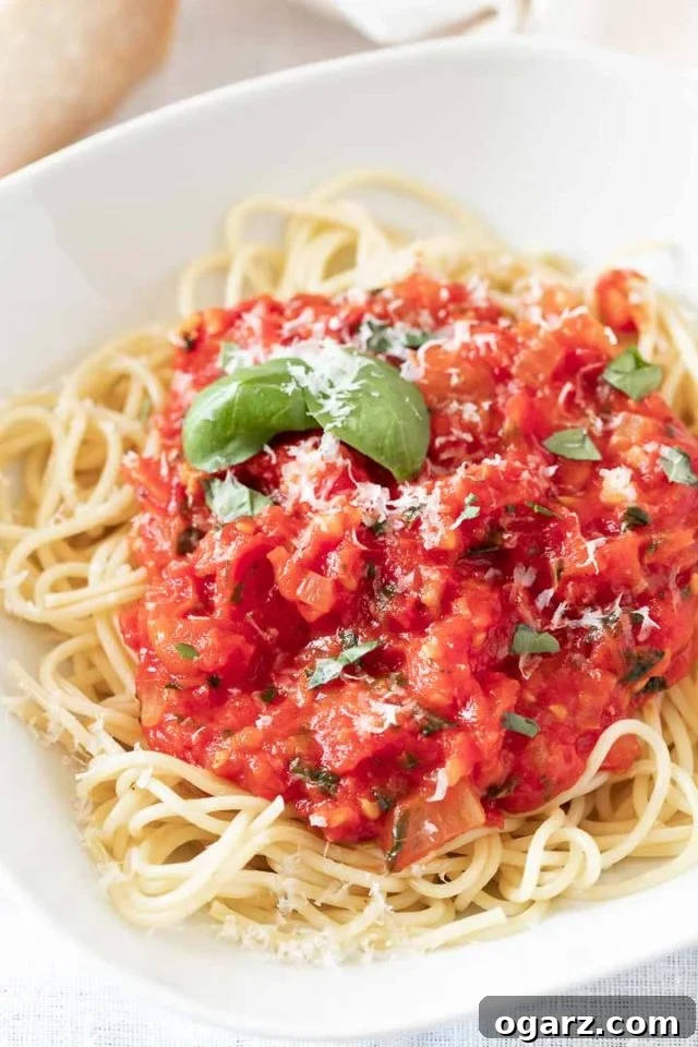 Close-up of Fresh Tomato Sauce Pasta A close-up view of a white plate generously piled with spaghetti, topped with vibrant homemade tomato sauce, fresh basil leaves, and finely grated Parmigiano cheese.