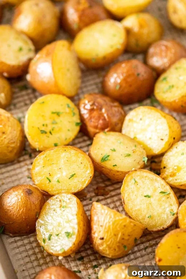Ultimate Roasted Potatoes 5 Close-up of a baking sheet with roasted potatoes, garnished with fresh parsley.