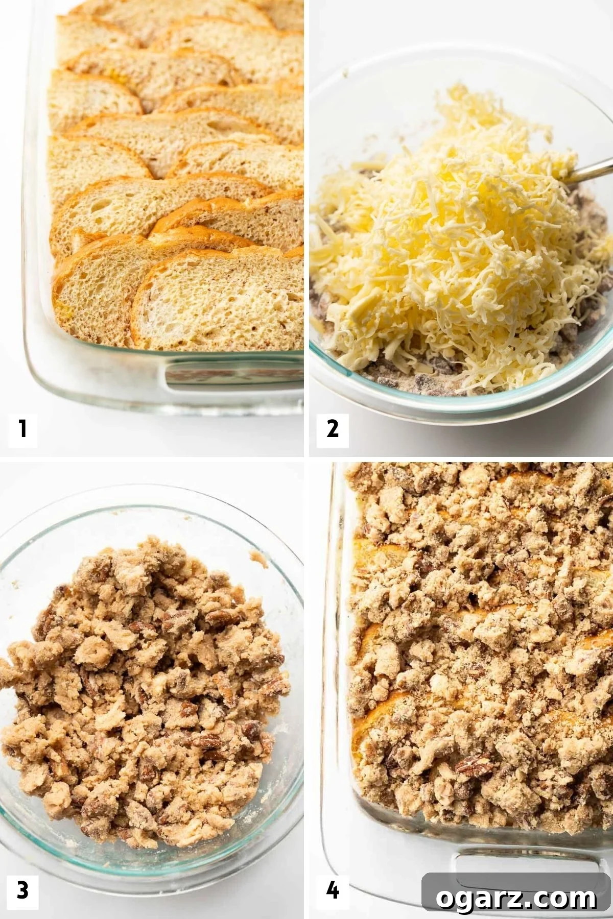 Visual steps illustrating how to prepare an overnight French toast casserole: arranging bread, pouring egg mixture, grating butter for streusel, mixing streusel, and the final baked product.