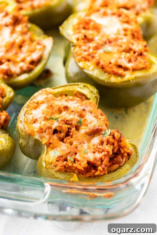 Classic Stuffed Green Peppers 5 Glass baking dish with baked stuffed green peppers garnished with parsley.