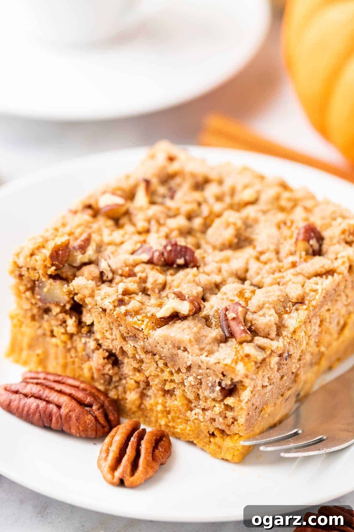 Spiced Pumpkin Crumble Cake 2 A slice of Pumpkin Crunch Cake on a white plate with a fork, garnished with whole pecans, cinnamon sticks, and a small pumpkin.