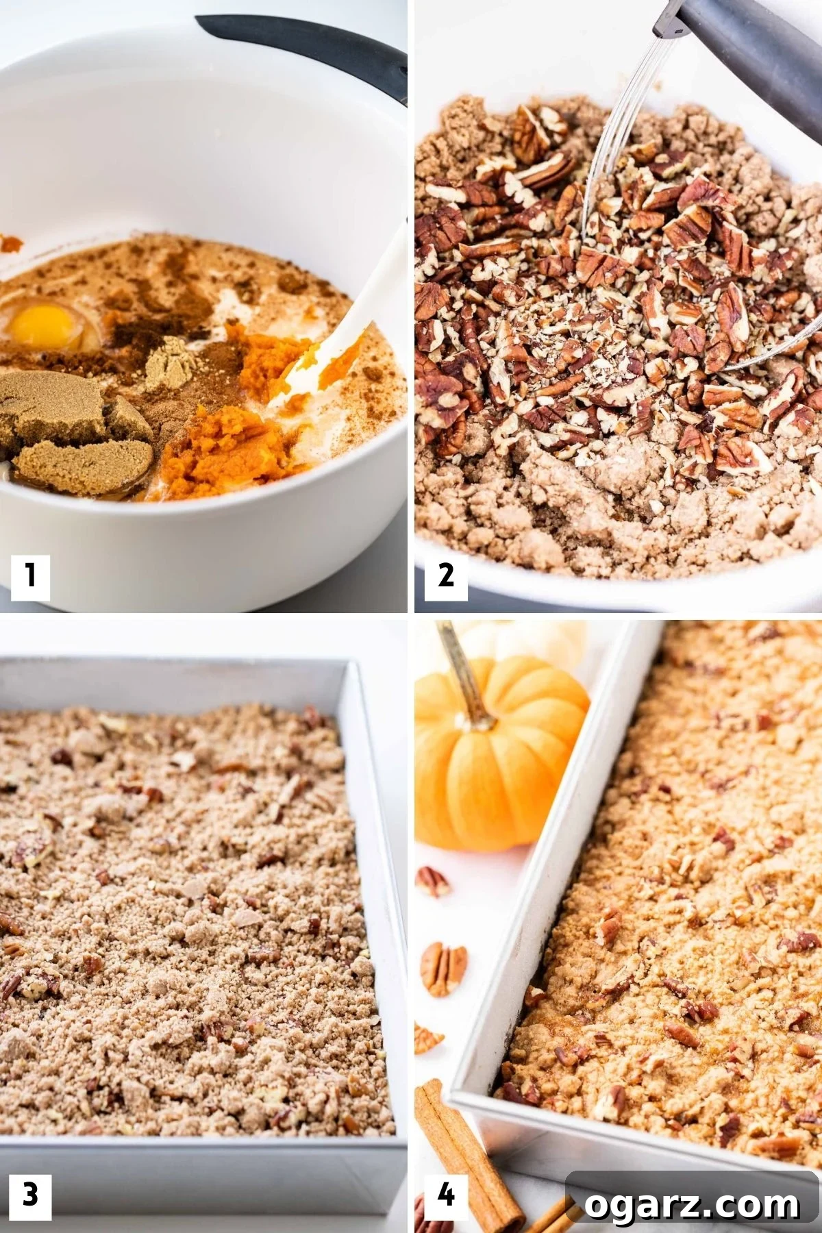 Spiced Pumpkin Crumble Cake 3 Four distinct steps for making pumpkin crunch cake from scratch, shown in a collage.