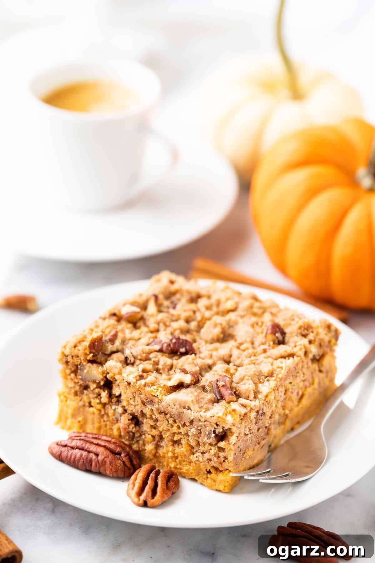 Spiced Pumpkin Crumble Cake 5 A slice of pumpkin cake with pecans on a white plate with a fork, garnished with whole pecans, cinnamon sticks and a pumpkin, with a cup of espresso in the background.