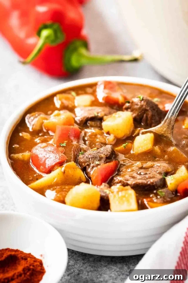 Delicious Hungarian Goulash Ready to Enjoy A white bowl of goulash, containing red peppers, beef and potatoes, topped with fresh parsley and a spoon in it. There's a white dish towel with red stripes and some red peppers next to it.