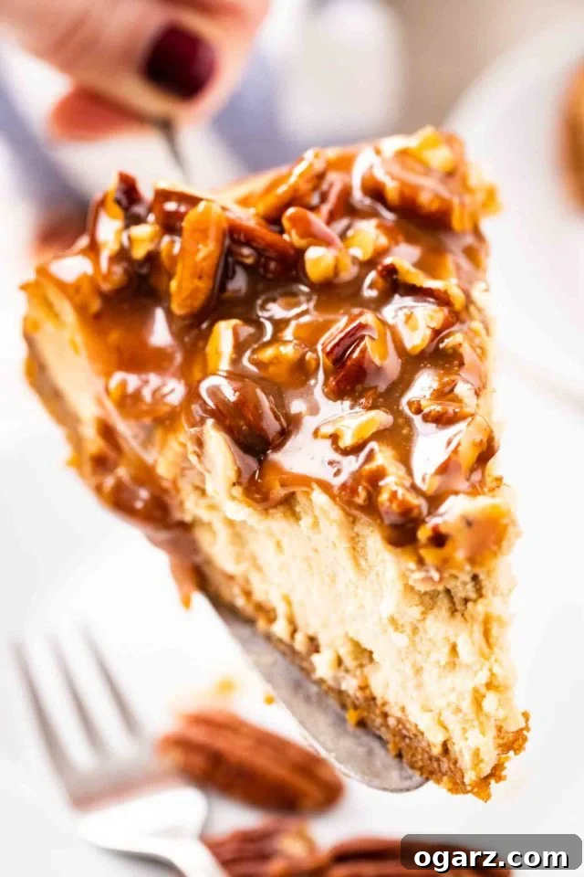 close-up of a slice of cheesecake topped with pecan nuts and caramel sauce held up on a cake server. There is a fork and some whole pecans in the background