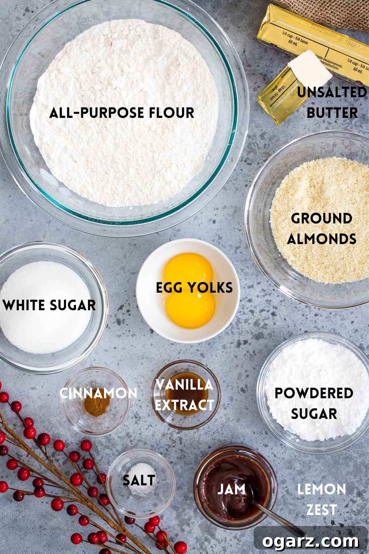 Carefully laid out ingredients for Linzer cookies on a rustic wooden surface, highlighting the quality and freshness required for the recipe.