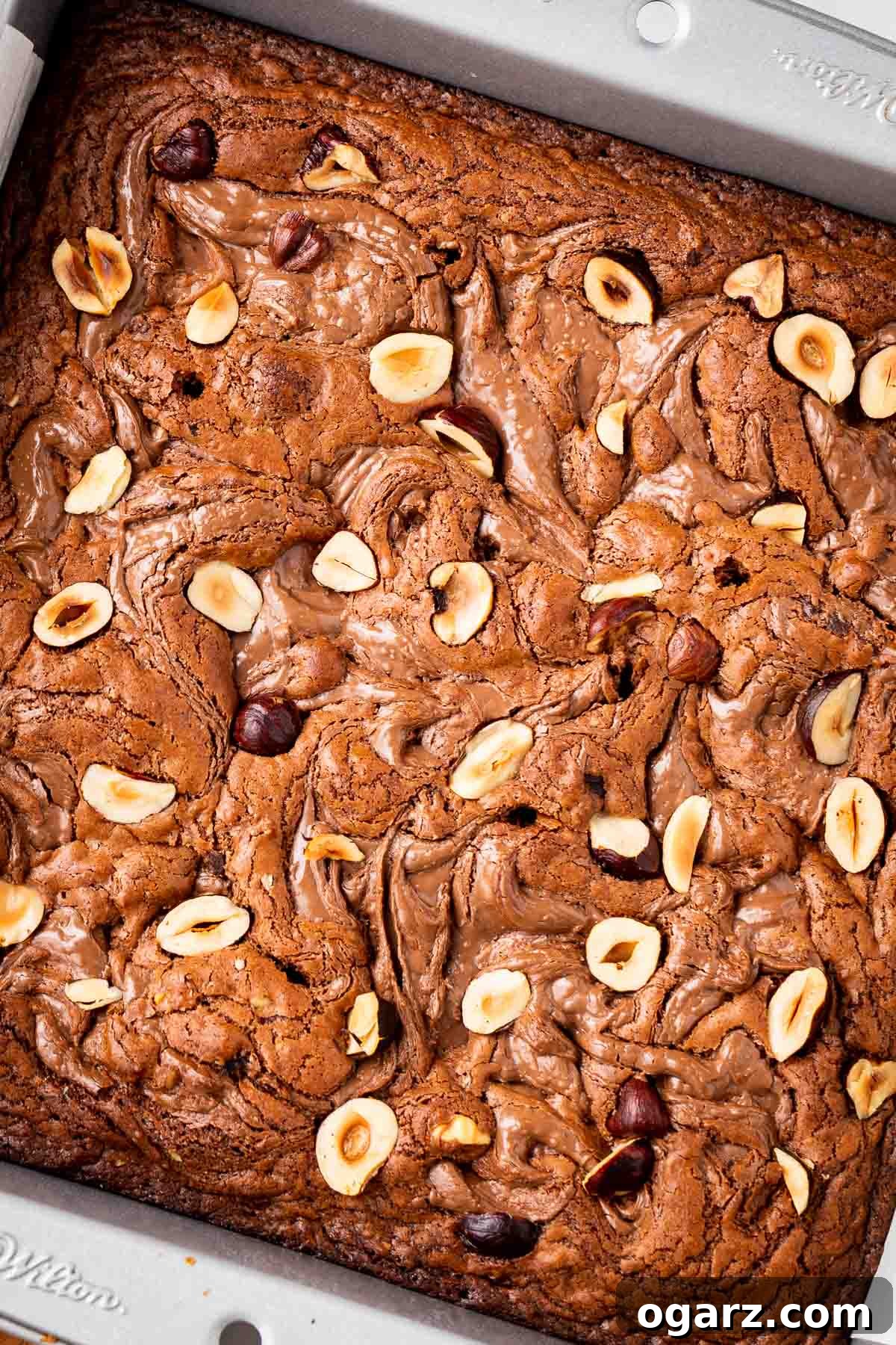 Close-up of baked Nutella brownies in a pan, generously sprinkled with chopped hazelnuts and showing beautiful swirls of melted Nutella on top.