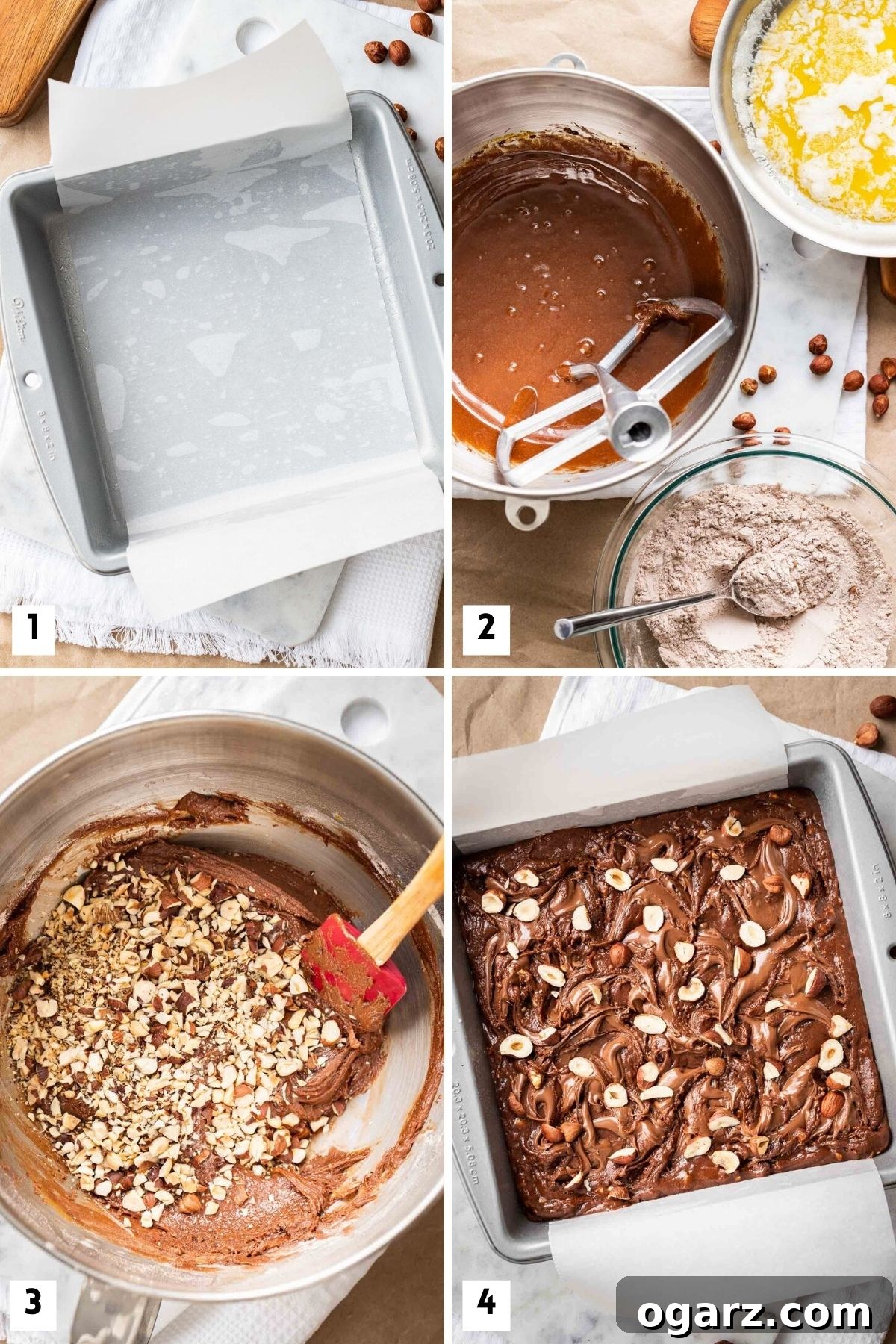 A visual guide showing the four key steps for making delicious Nutella brownies from scratch, from lining the pan to swirling Nutella before baking.