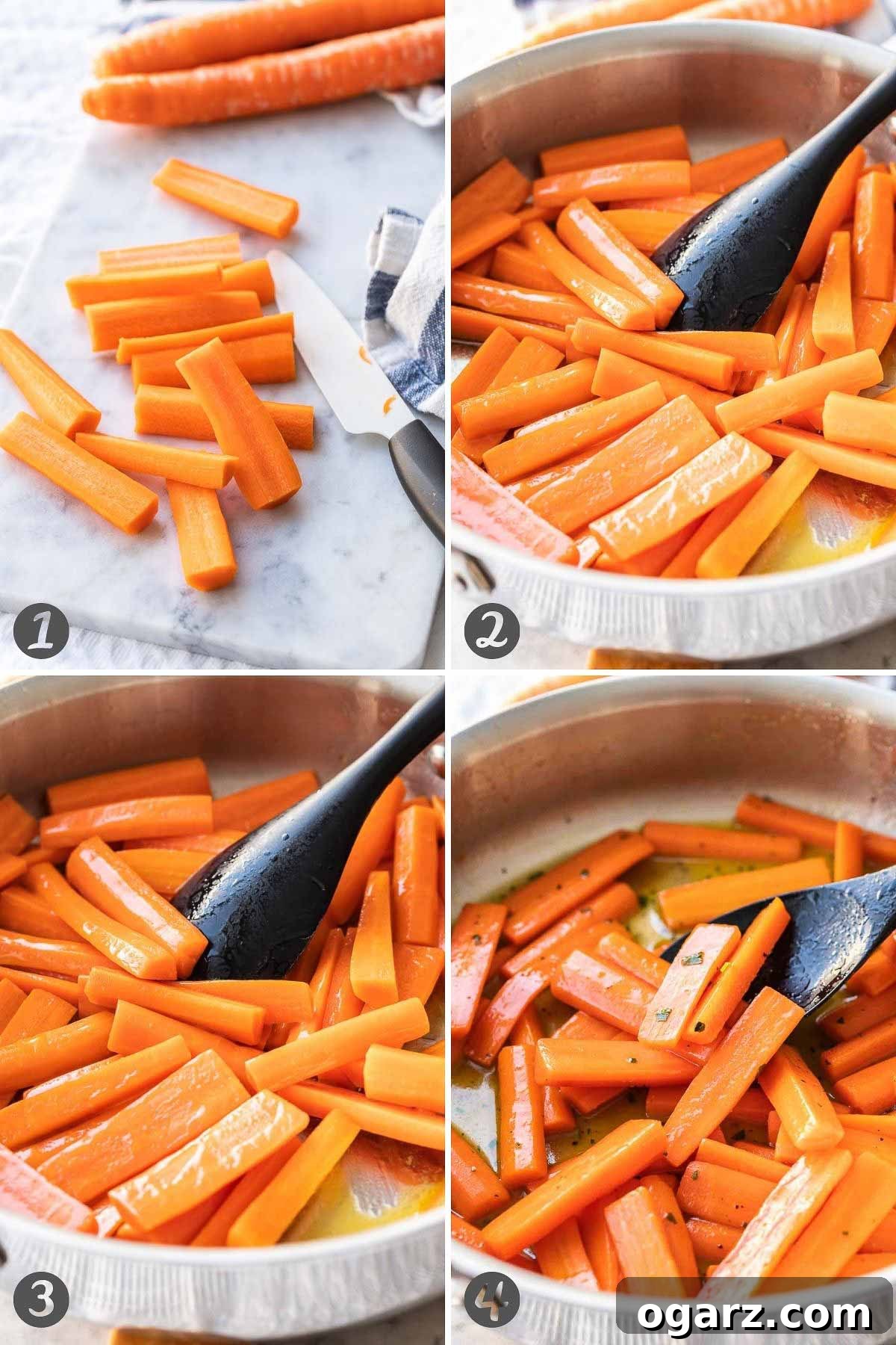 A visual guide to cooking honey glazed carrots, showing each essential step from preparation to a finished glazed dish. #cookingtips #recipesteps Collage of steps for making honey glazed carrots: peeling, sautéing, glazing, and finishing.