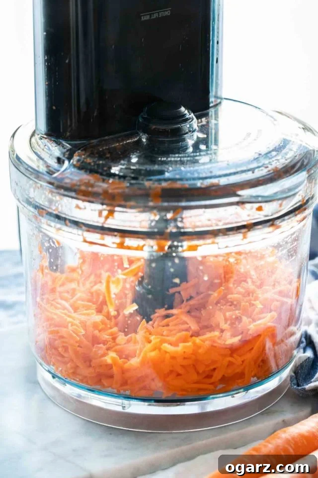 This easy Carrot Salad with Raisins and Apple is a bright and colorful side dish that adults and kids will love! Made with shredded carrots and apples this delicious German Carrot Raisin Salad Recipe can be made in minutes and is loaded with healthy vitamins. #CarrotRaisinSalad #CarrotSalad #SaladRecipes shredded carrots in a food processor