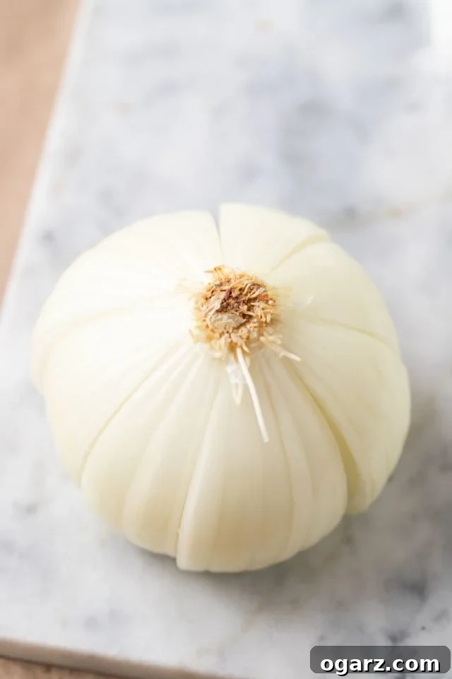 Air Fried Onion Blossom 4 A raw, peeled sweet onion with precisely cut wedges, still connected at the base, resting on an elegant grey marble surface, illustrating the preparation stage.