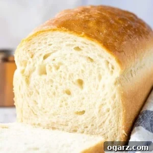 White bread with the first slice cut off next to a white and blue dish towel