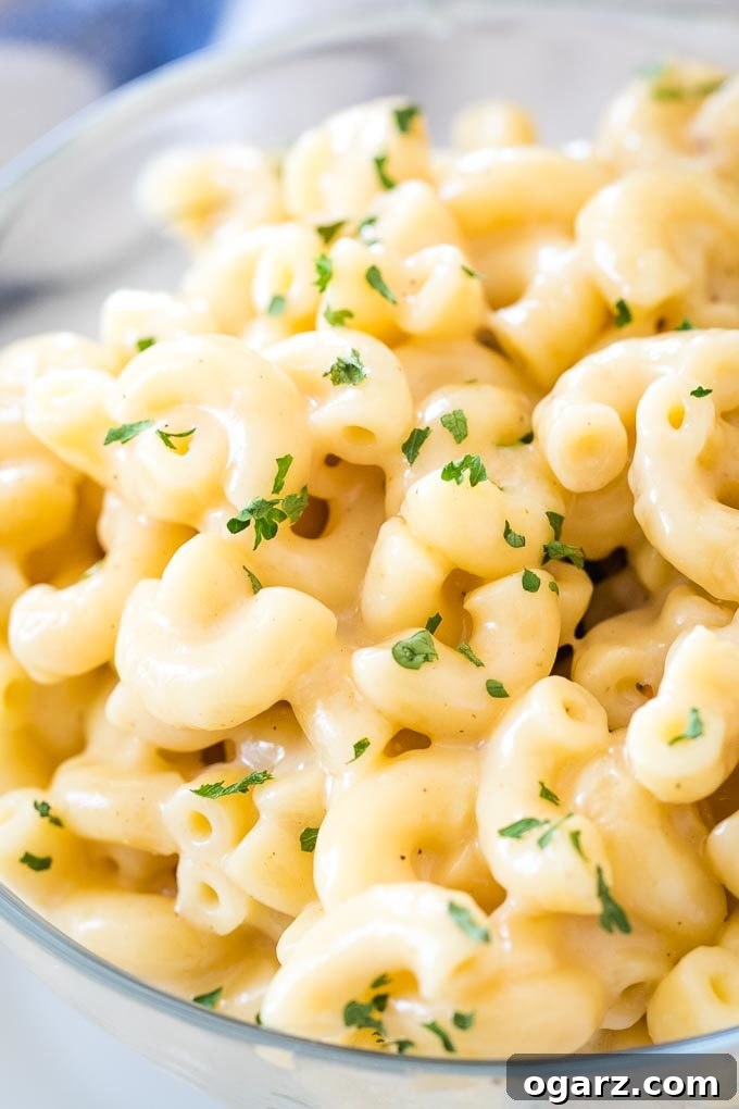 Close-up of creamy Instant Pot Mac and Cheese garnished with fresh Parsley
