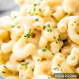 Close-up of Instant Pot Mac and Cheese garnished with Parsley