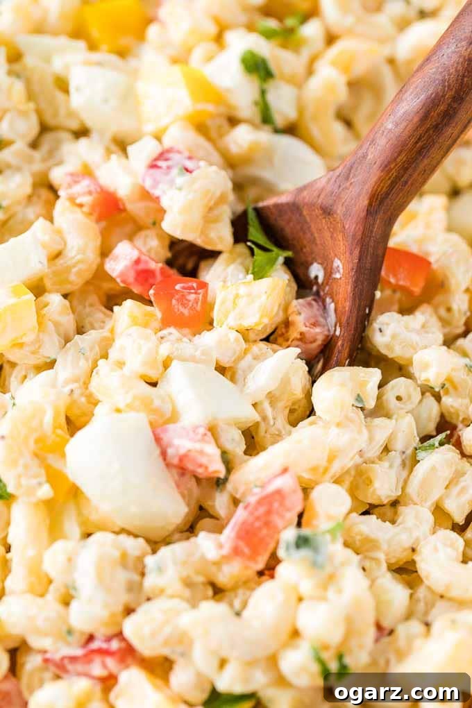 Close-up of Macaroni Salad with a wooden spoon.