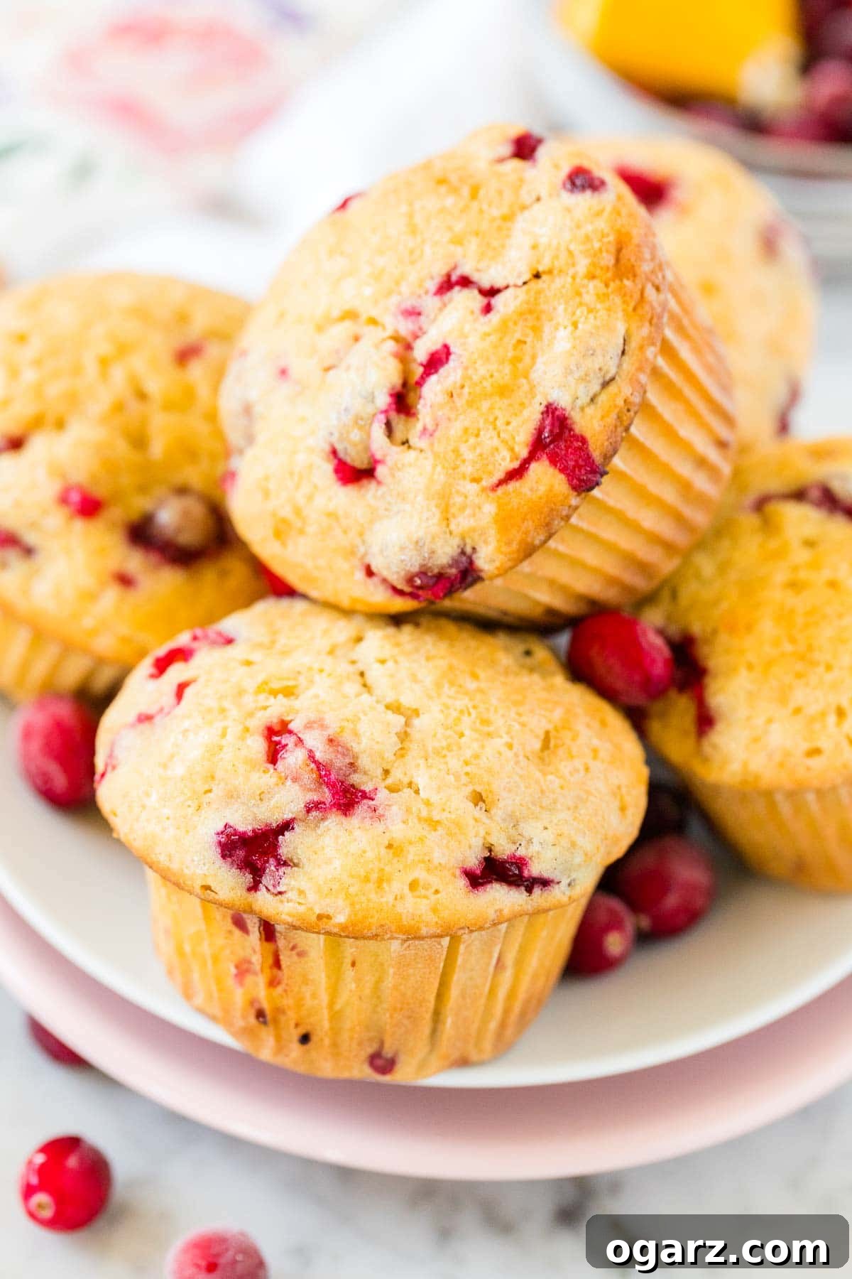 A stack of orange cranberry muffins on a white plate.